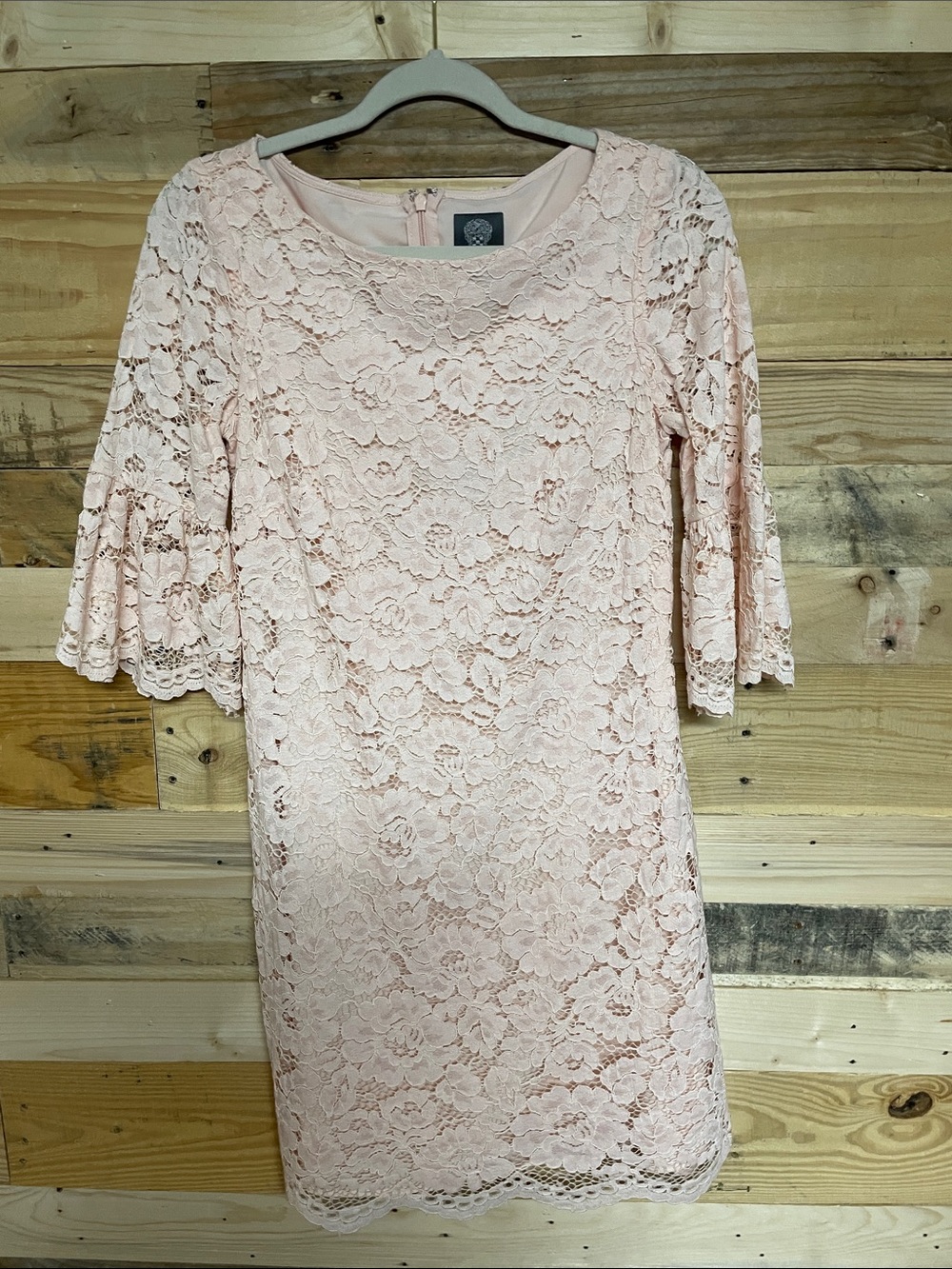Vince Camuto size 6 Lacey Pink Sheath Midi Length Dress with Bell Sleeves
